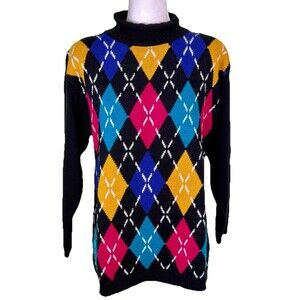 Women Maximalist Dopamine Colorblock Argyle Sweater Longline Retro 90s Size Lg